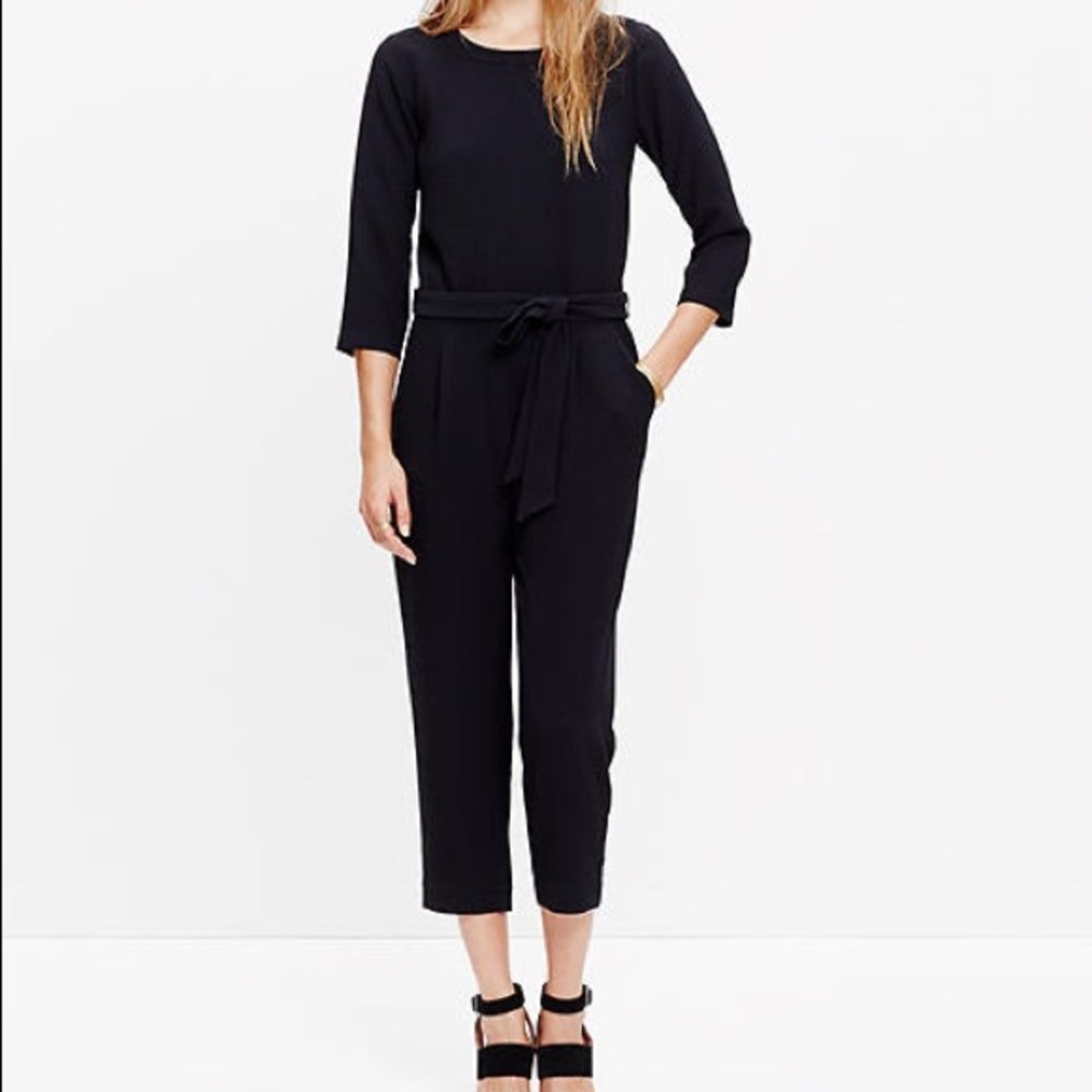 madewell black sloan belted crepe jumpsuit EUC